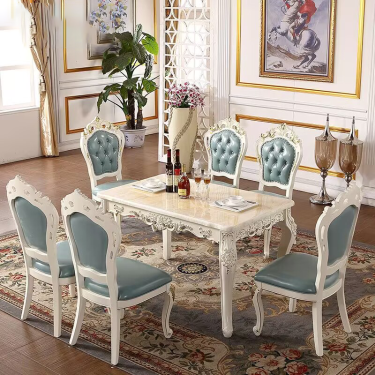 European-style living room marble solid wood hand-carved dining table