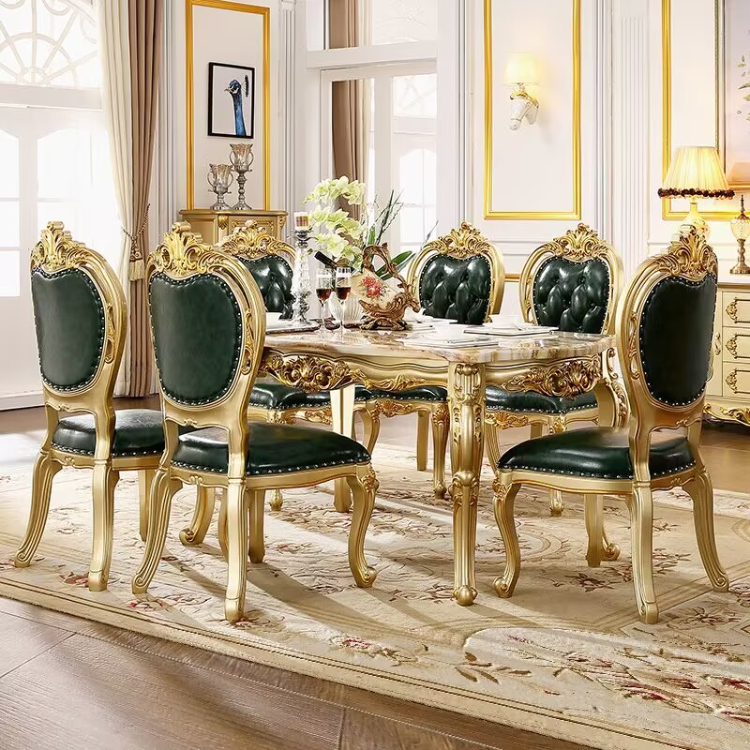 European style full solid wood marble champagne color square dining table and chairs