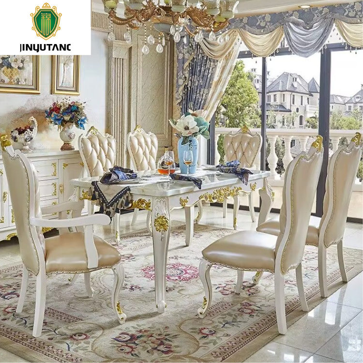 European marble solid wood white square dining table and chairs