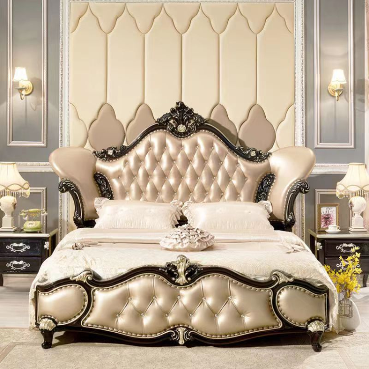 European style solid wood carved luxury master bed