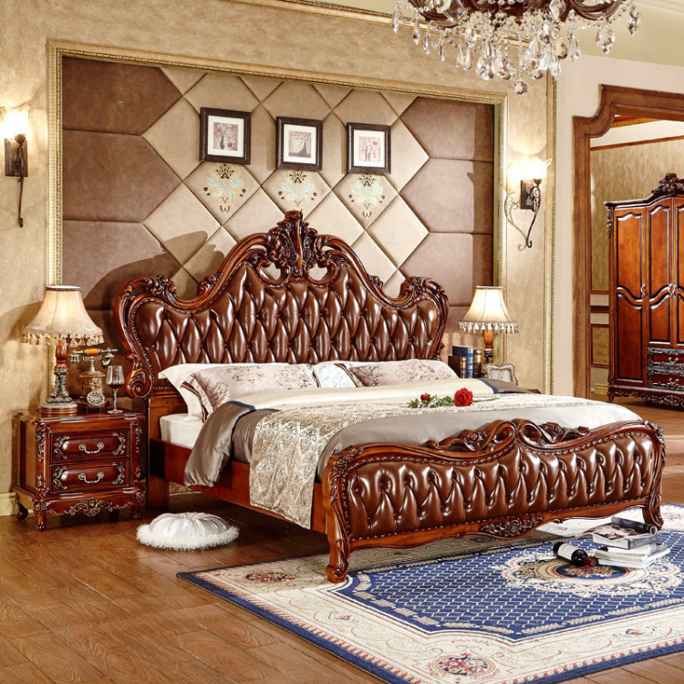 European style first layer cowhide solid wood master bed