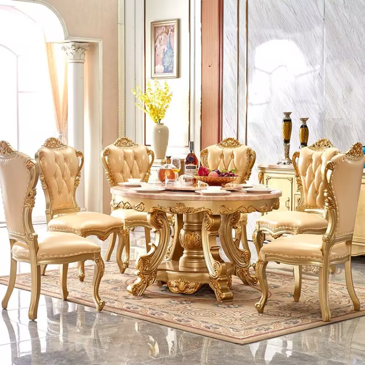 High-end European solid wood marble round dining table and chairs