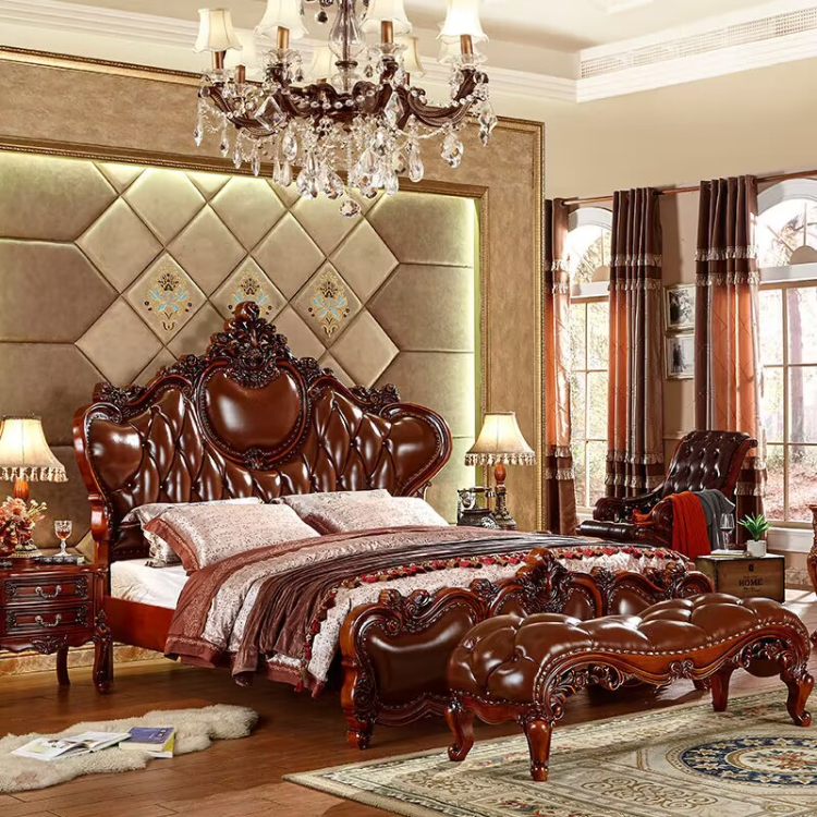 European imported genuine leather and solid wood master bed