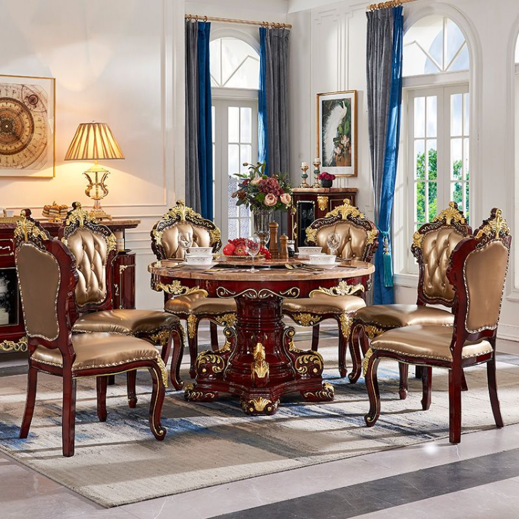 European marble solid wood round dining table and chairs