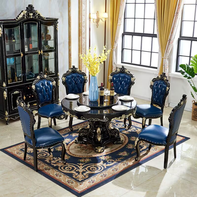 European luxury solid wood marble round dining table and chairs