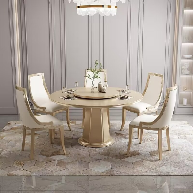 Light luxury solid wood luxury round turntable dining table and chairs