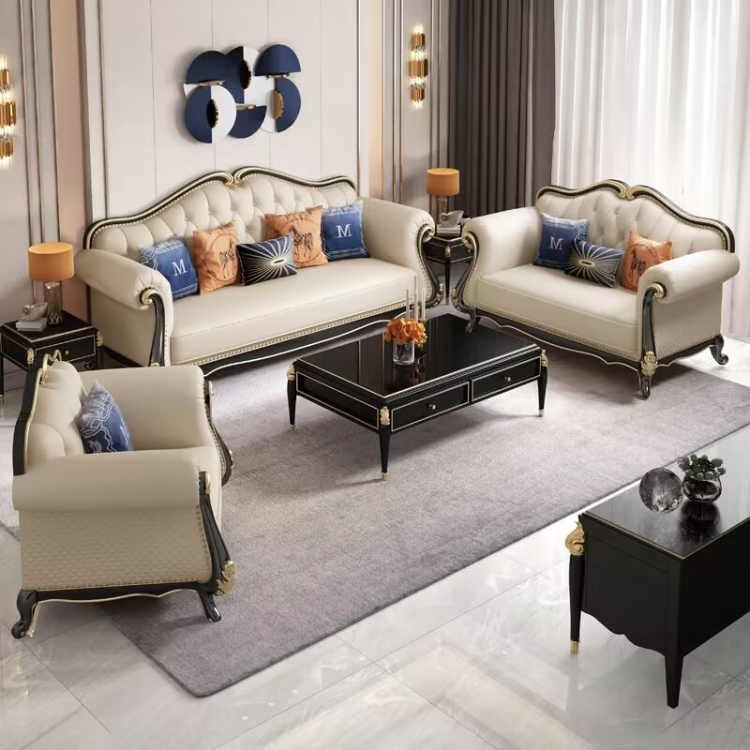 European-style light luxury first-layer cowhide solid wood carved sofa