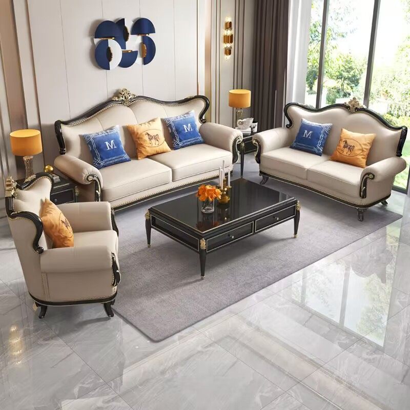European light luxury leather solid wood sofa set