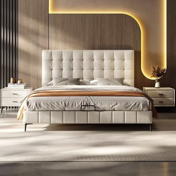 Italian style minimalist leather modern master bedroom queen bed
