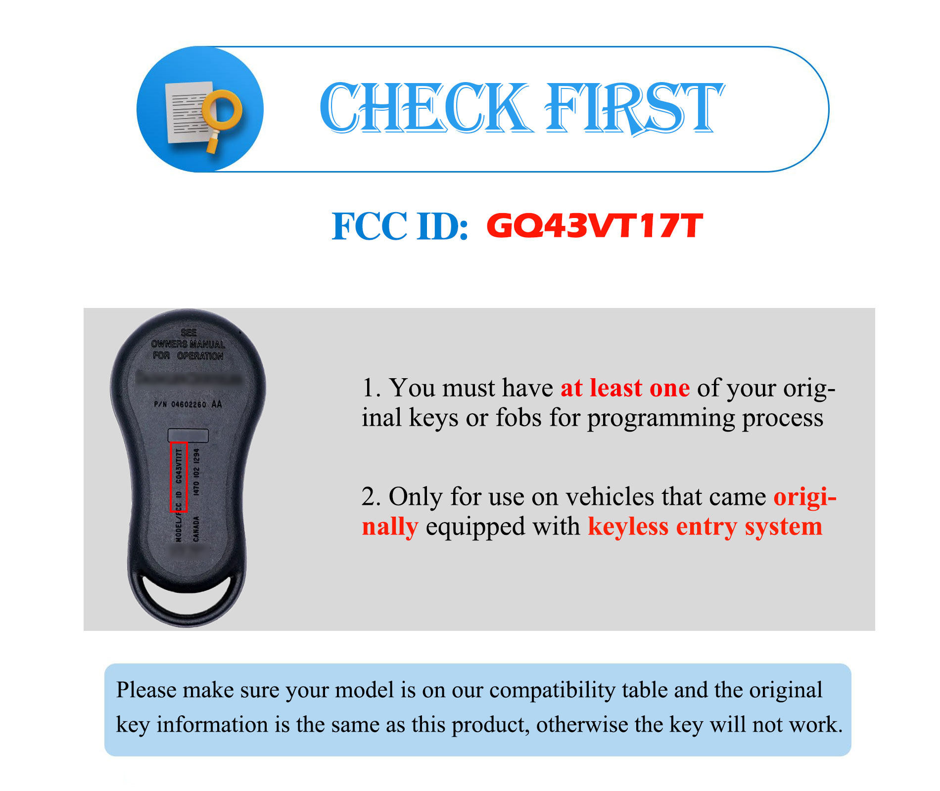 Keyless Entry Remote Kit Fit for Chrysler Town & Country Dodge Caravan Dakota Durango Ram Jeep Liberty 2001 2002 2003(GQ43VT17T)