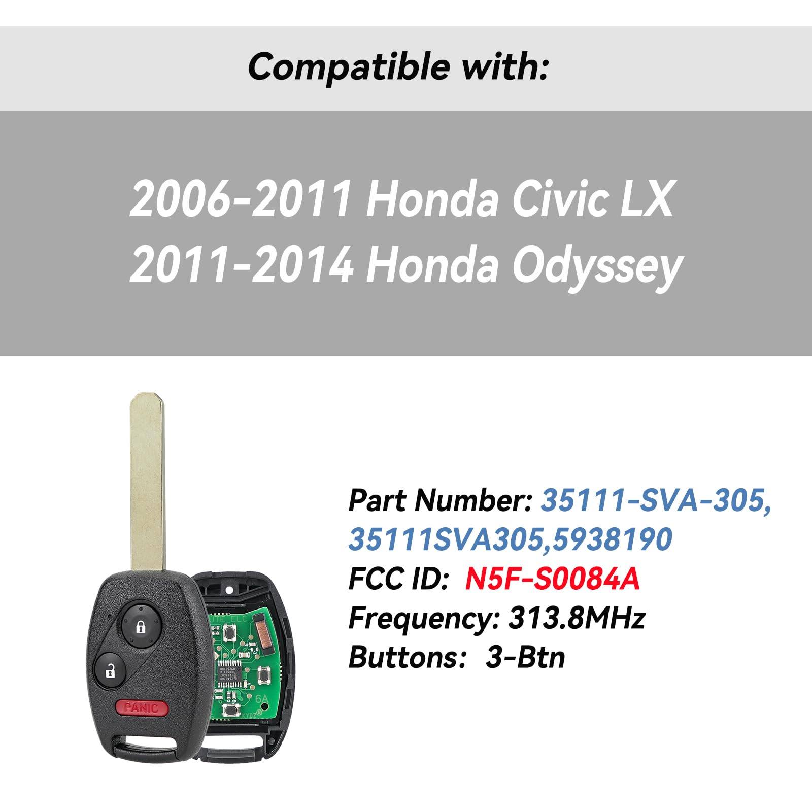 Car Key Fob Replacement Remote Key Kit for Honda Civic 2006 2007 2008 2009 2010 2011 Civic LX , Honda Odyssey 2011-2014 Keyless Entry Remote N5F-S0084A, N5FS0084A