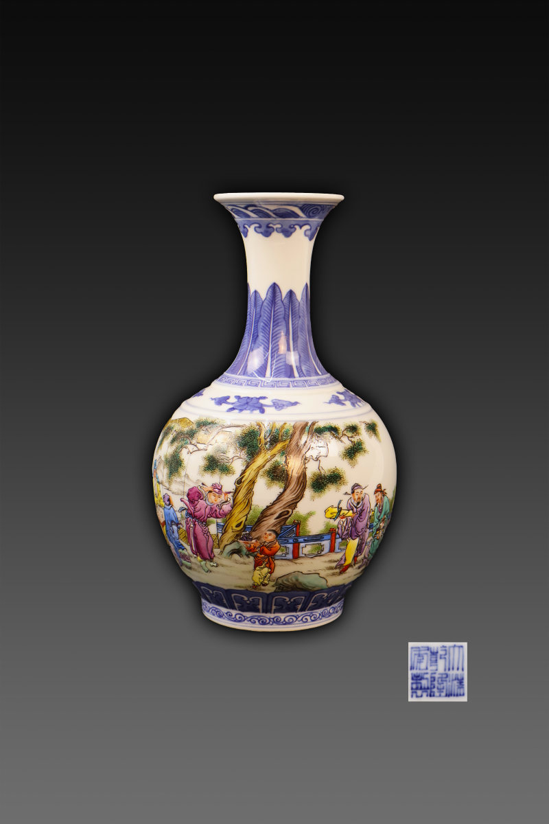 青花粉彩人物故事诗文瓶