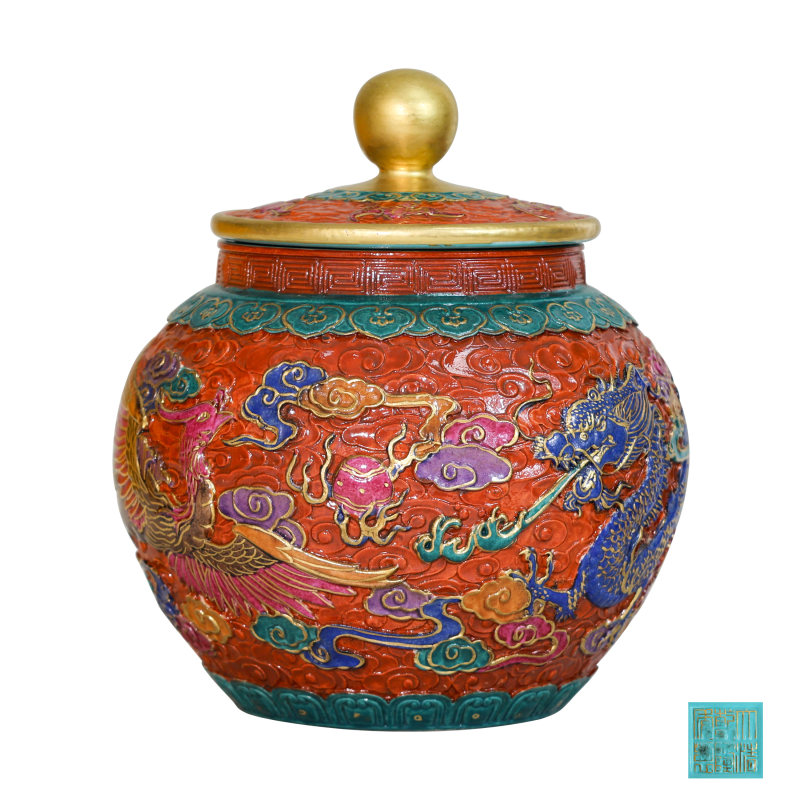 乾隆款红地锡雕彩绘盖罐