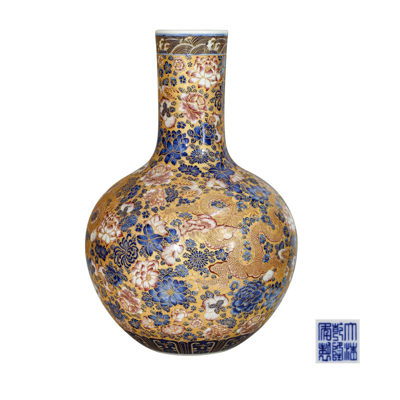 青花釉里红刻金红龙穿万花天球瓶