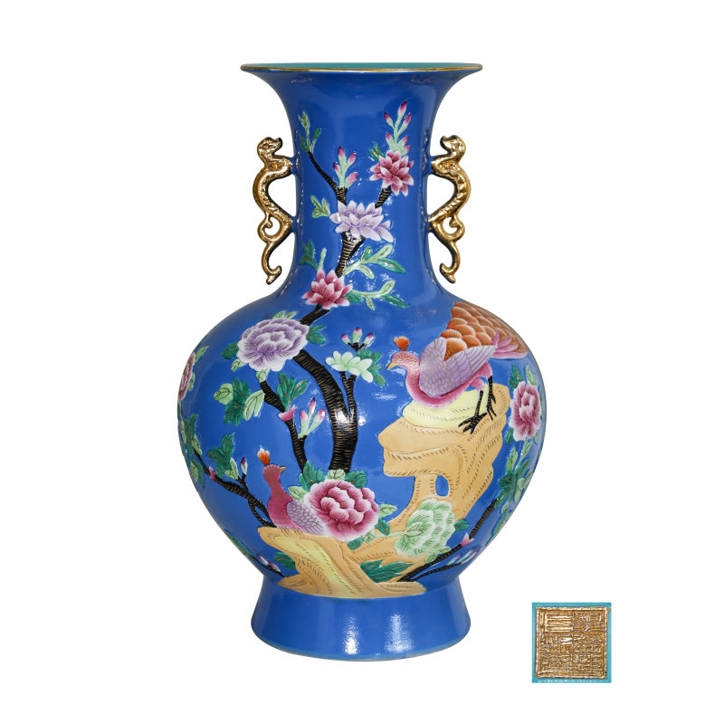 大清乾隆宝蓝丹凤瓶