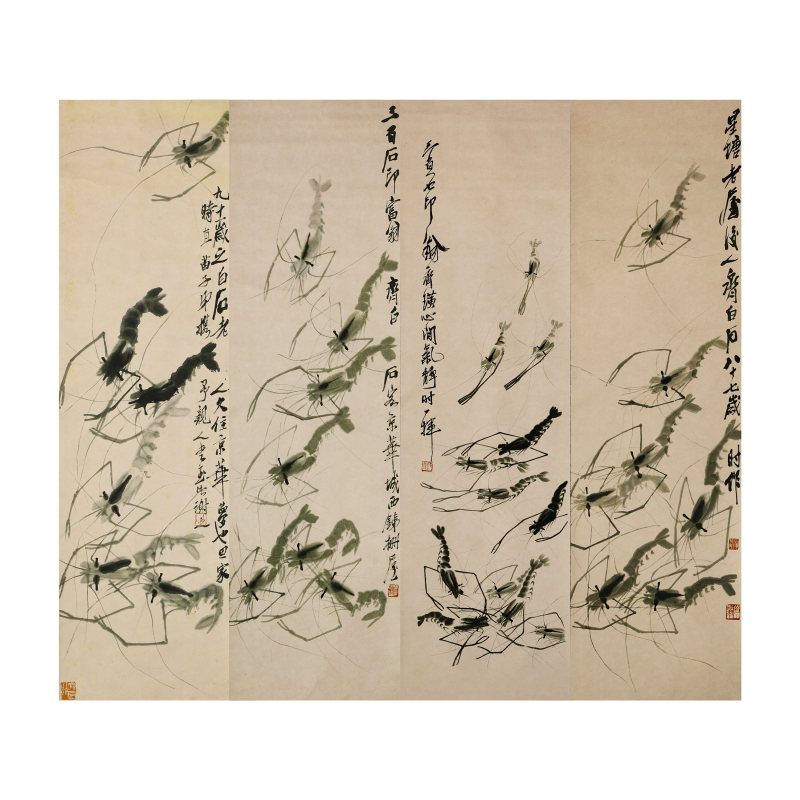 齐白石群虾图四条屏