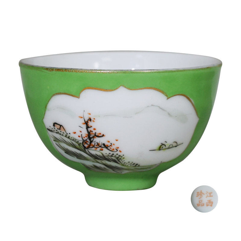 民国绿地开光山水纹茶杯