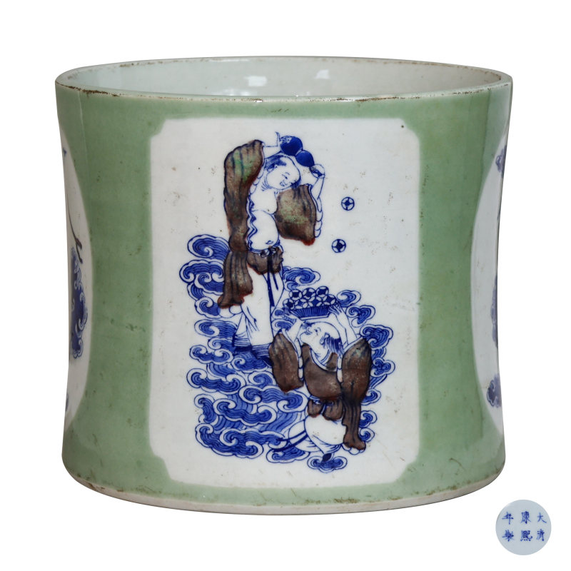 清康熙青花釉里红开窗人物故事笔筒