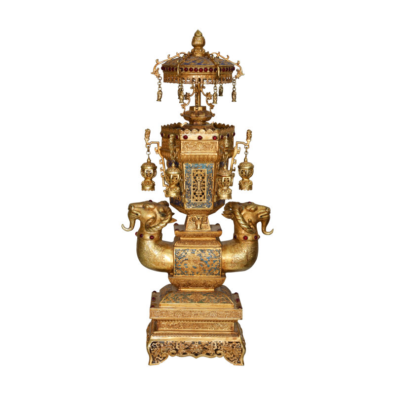 铜鎏金手工錾刻双羊塔摆件