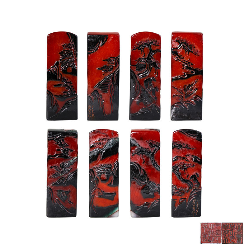 黄易款乌鸦皮红田黄印章一组