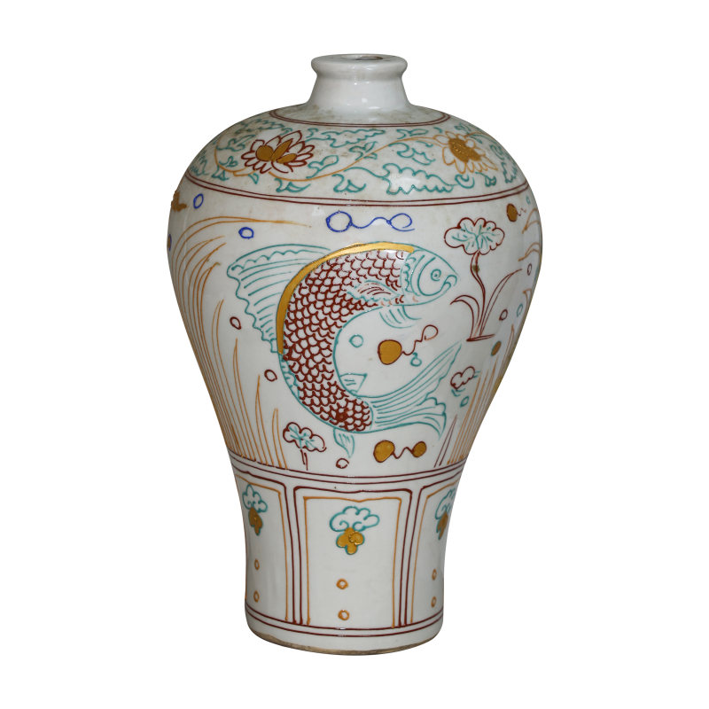 元代沥粉描金五彩鱼藻纹梅瓶