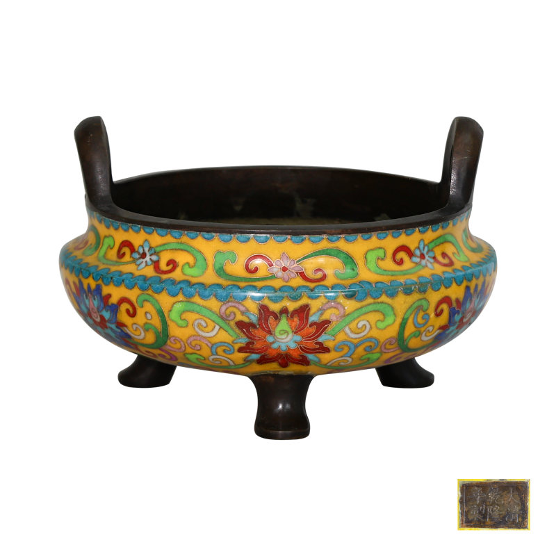 风磨铜六炼珐琅彩三足铜胎炉