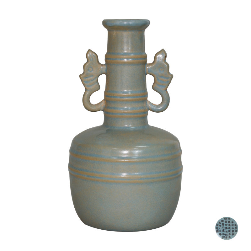 汝窑天青釉弦纹凤耳瓶