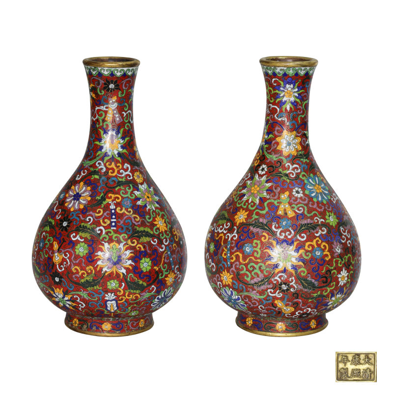 掐丝珐琅彩玉壶春瓶一对