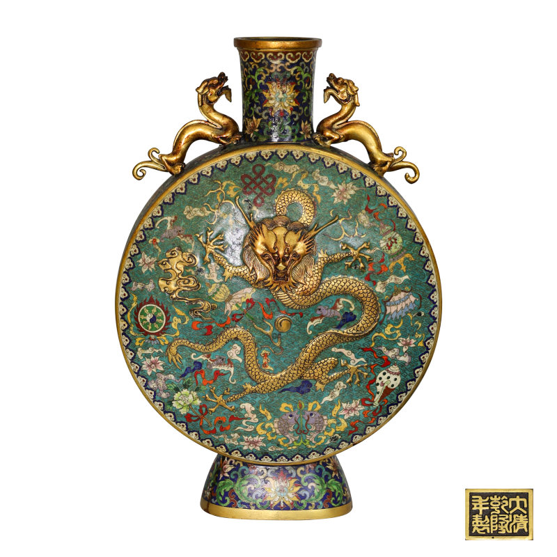 掐丝珐琅彩双龙耳扁瓶