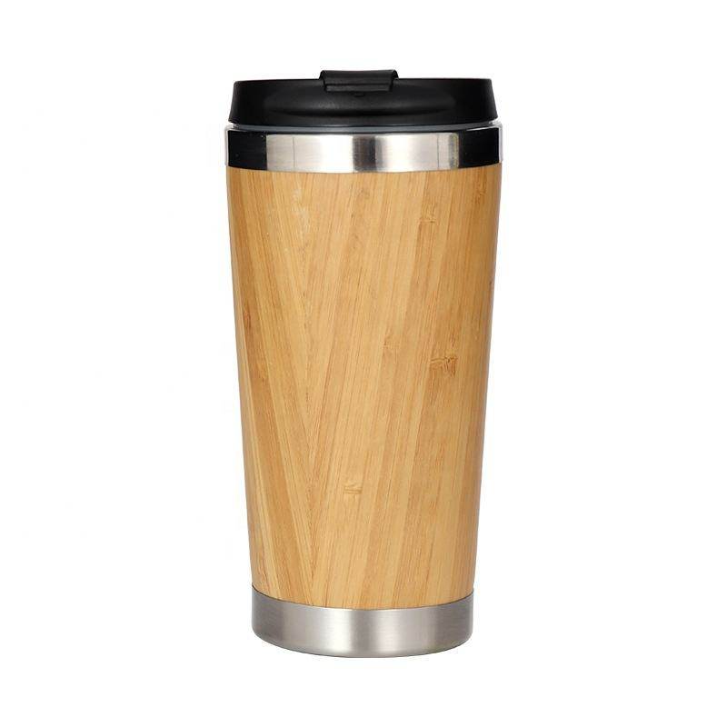 450ml Insulated Tumbler Black Flip Lid Coffee To Go Bamboo Cup Stainless Steel Thermos Bamboo Coffee Travel Mug