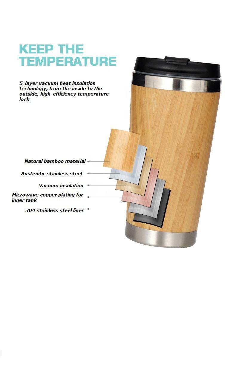 450ml Insulated Tumbler Black Flip Lid Coffee To Go Bamboo Cup Stainless Steel Thermos Bamboo Coffee Travel Mug