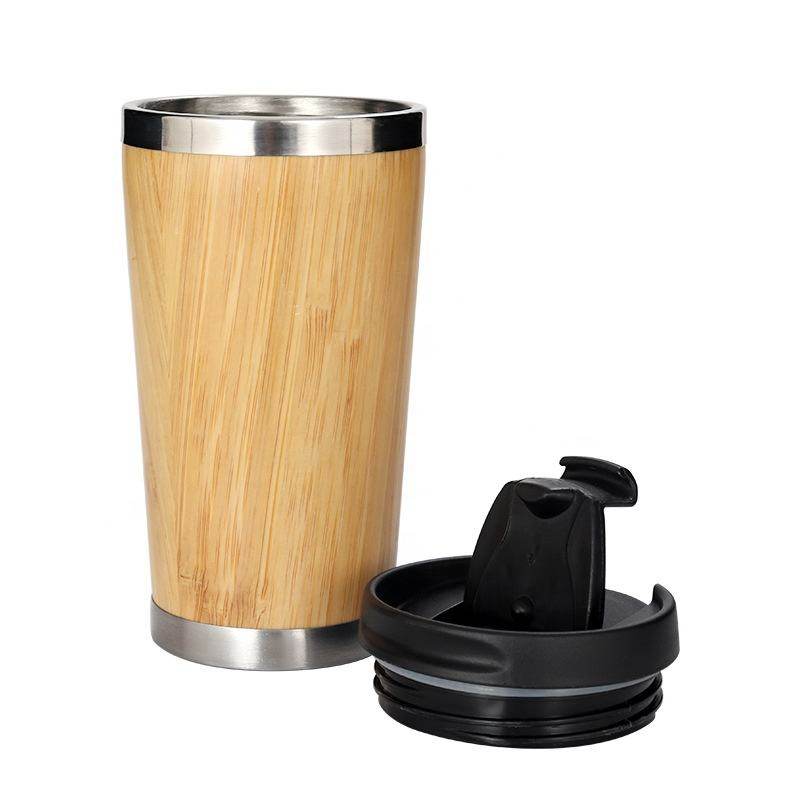 450ml Insulated Tumbler Black Flip Lid Coffee To Go Bamboo Cup Stainless Steel Thermos Bamboo Coffee Travel Mug