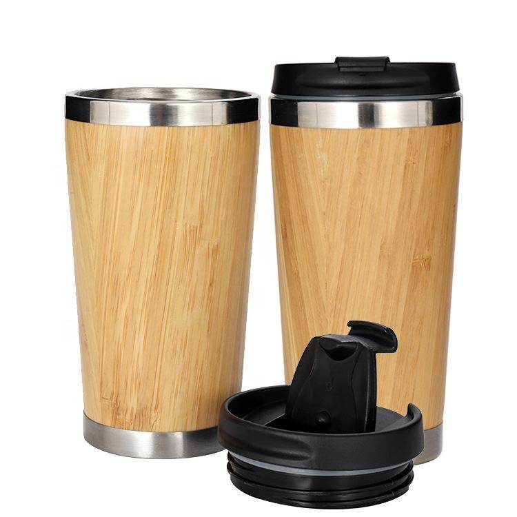 450ml Insulated Tumbler Black Flip Lid Coffee To Go Bamboo Cup Stainless Steel Thermos Bamboo Coffee Travel Mug