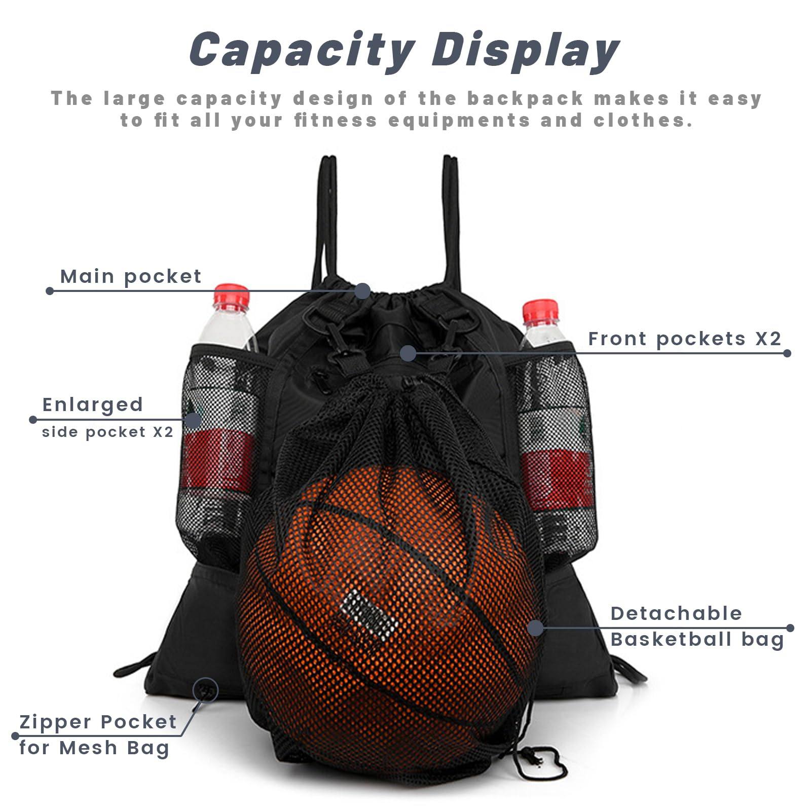 mygreen Drawstring Backpack Sports Gym Bag With Detachable Mesh Ball Bag