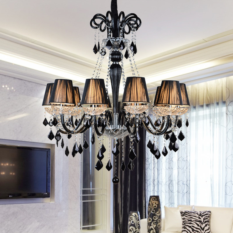 Black crystal chandelier European retro church long chandelier villa home with lampshade white decorative lighting_algz_60795868374