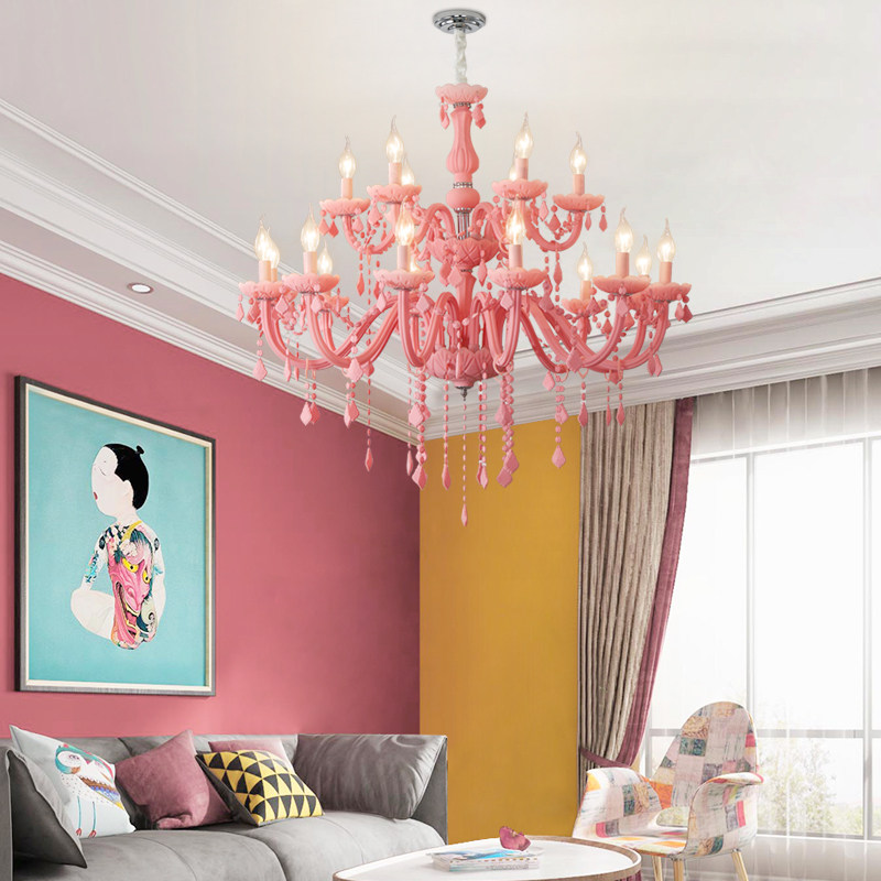 Contemporary pink crystal chandelier macaron sweet girl princess room ceiling lamp fashion home living room decoration lighting_algz_1600224544879