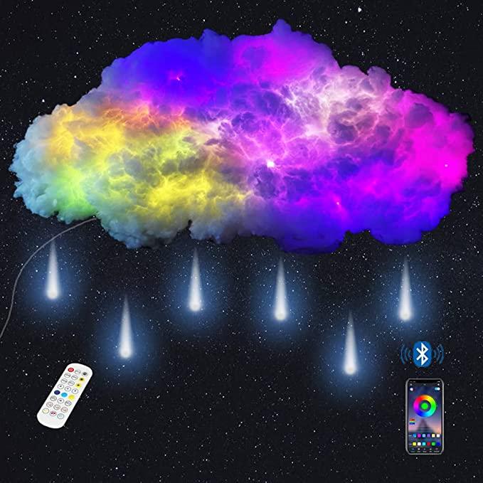 3.93 feet/1.2 meters big cloud and rain lightning set music synchronization warm white multi-color lightning replacement wireless remote application no DIY rain light coolest decoration for adult and children indoor bedroom wall