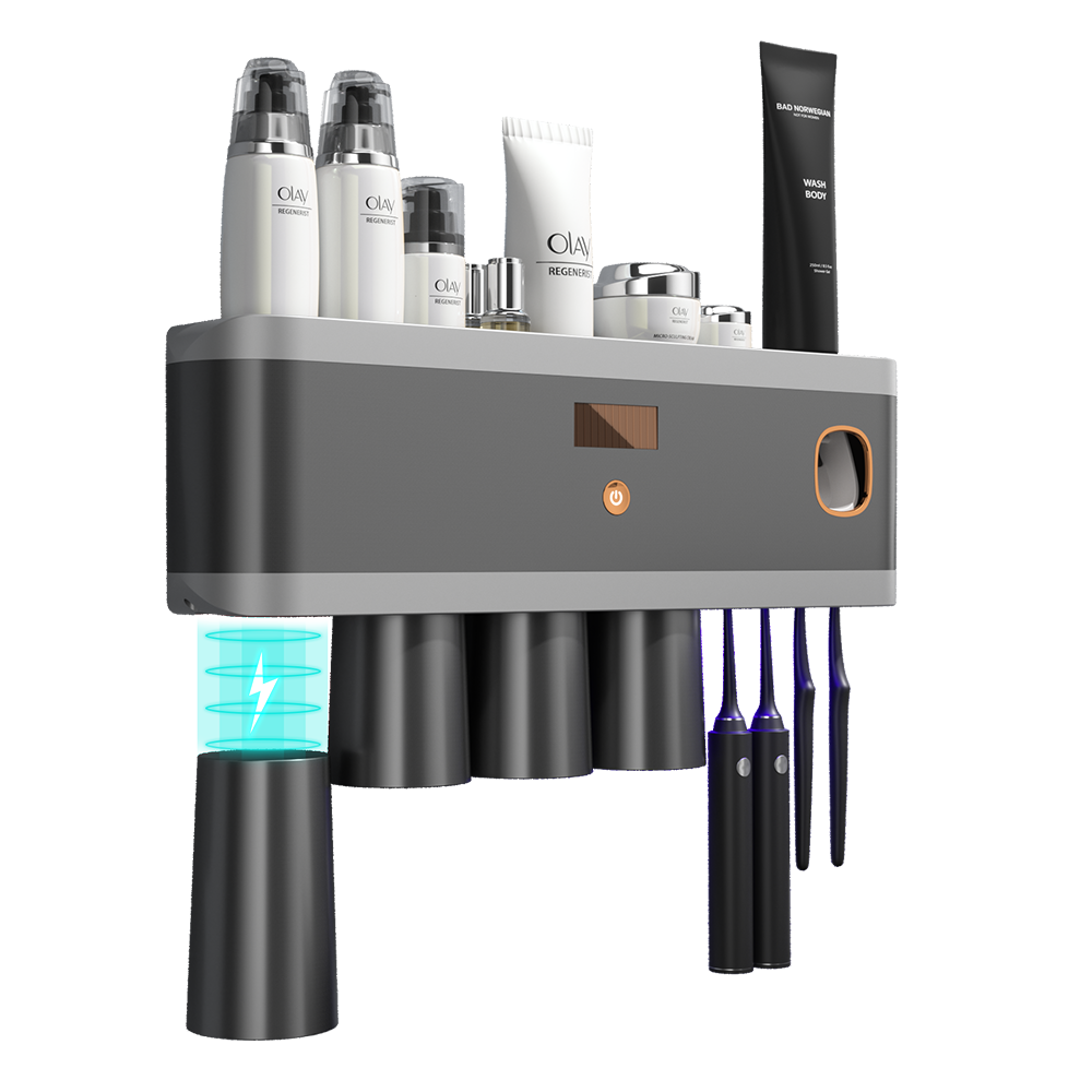 厂家直供枪灰色紫外杀菌牙刷架多功能无痕免打孔壁挂式置物架