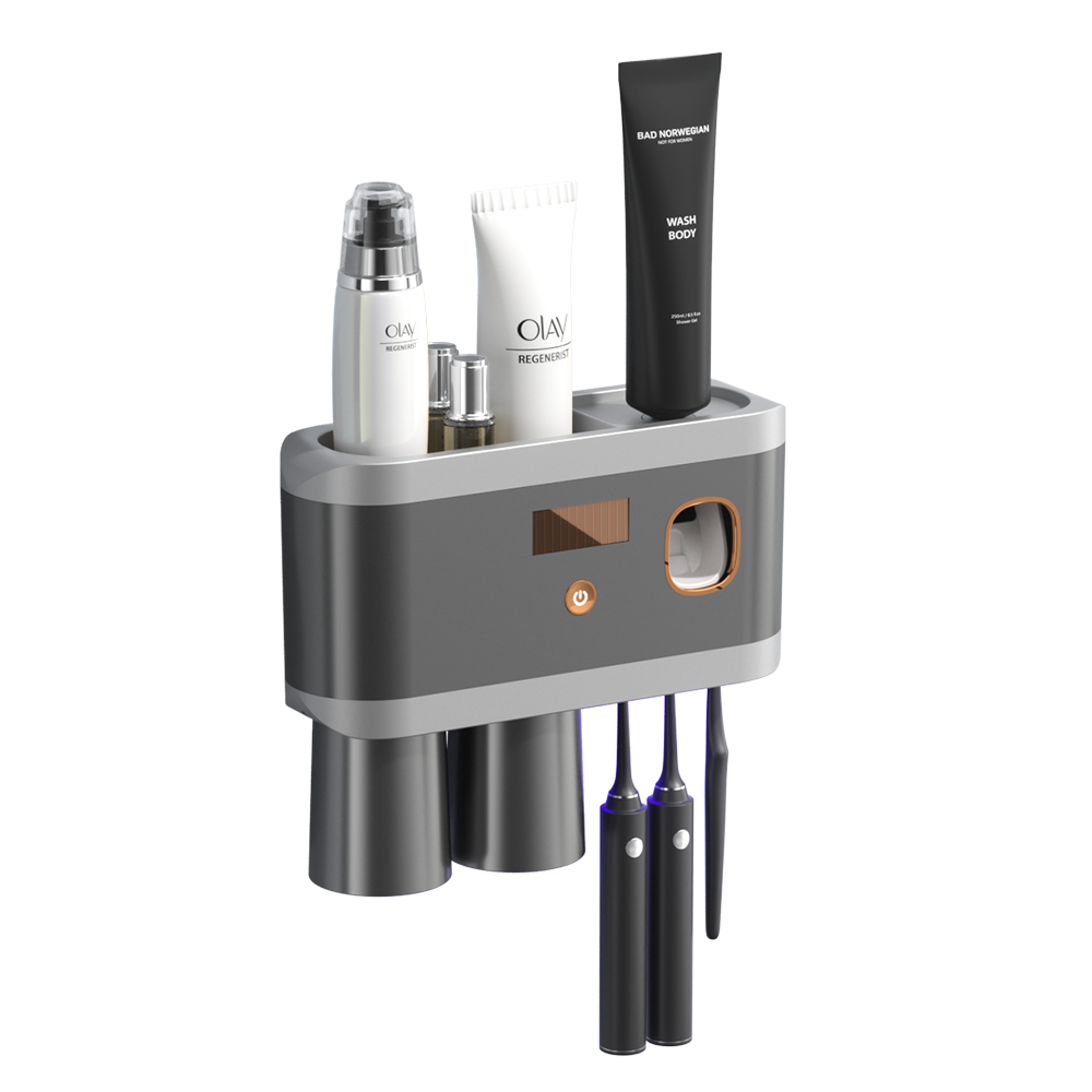 厂家直供枪灰色紫外杀菌牙刷架多功能无痕免打孔壁挂式置物架