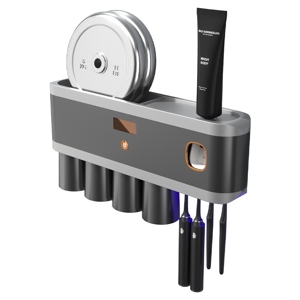 厂家直供枪灰色紫外杀菌牙刷架多功能无痕免打孔壁挂式置物架