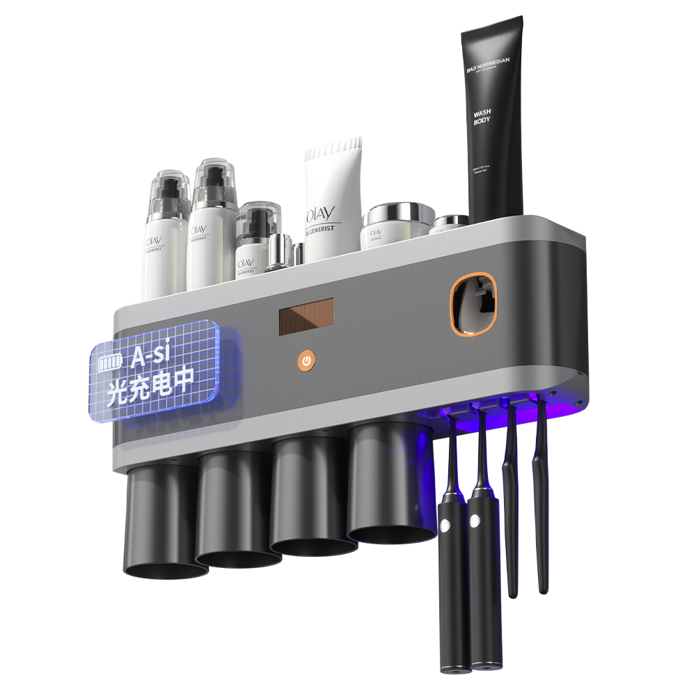 厂家直供枪灰色紫外杀菌牙刷架多功能无痕免打孔壁挂式置物架