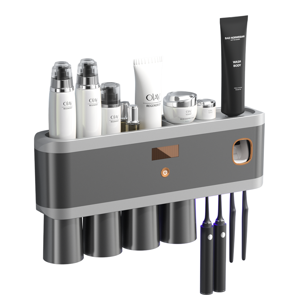 厂家直供枪灰色紫外杀菌牙刷架多功能无痕免打孔壁挂式置物架