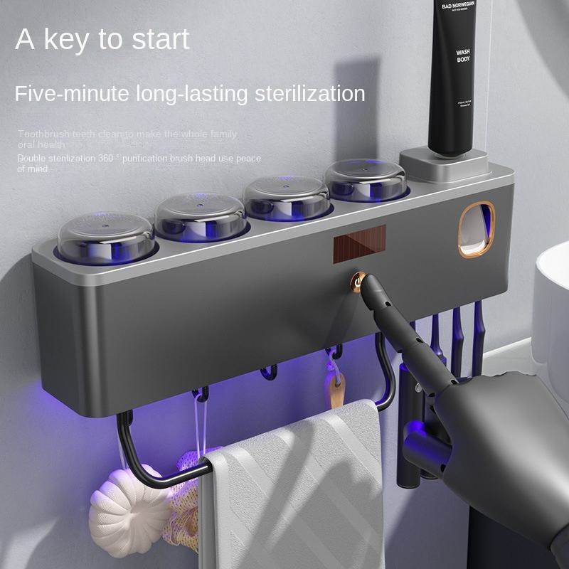 智能紫外线牙刷消毒架四口之家免打孔壁挂牙杯毛巾收纳智能杀菌
