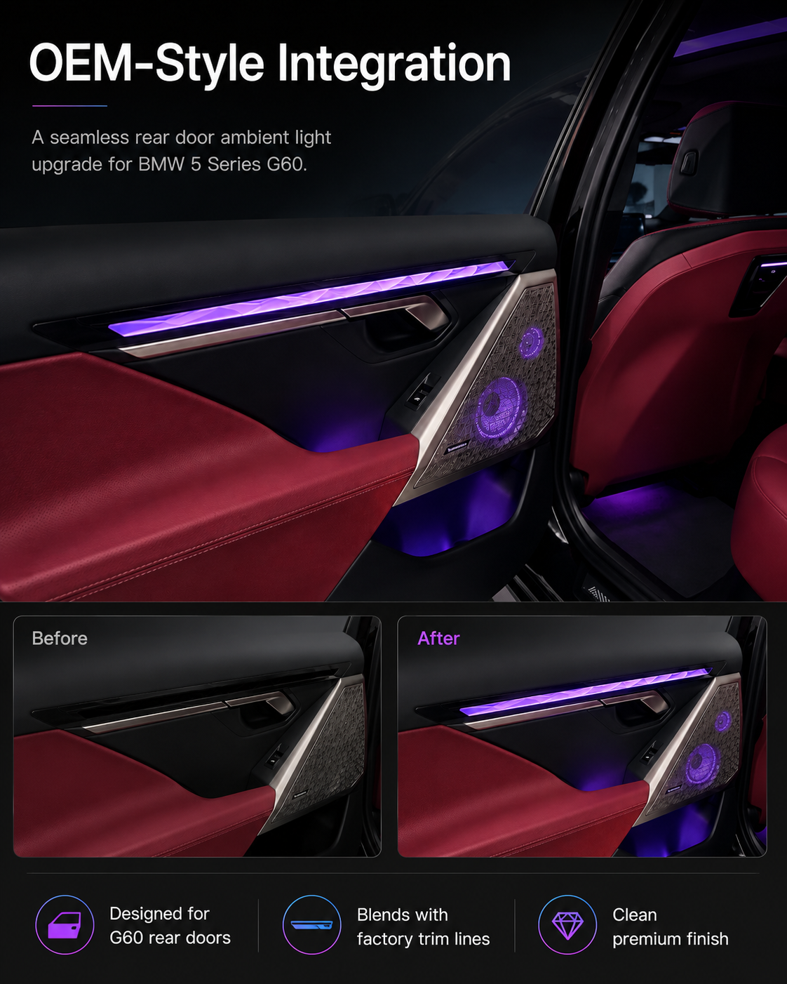 BMW 5 Series G60 / i5 G68 Rear Door Crystal Ambient Light Trim