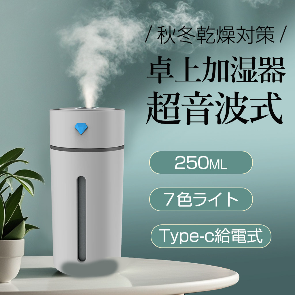 2025最新 加湿器 卓上加湿器 小型 USB充電式 超音波式 除菌 大容量250ML 次亜塩素酸水対応 静音 持ち運び便利 軽量ミニ加湿器 超静音　7色LEDライト 乾燥対策 花粉対策 水漏れ防止 8時間以上連続加湿 長時間運転 アロマ オフィス 子供部屋 寝室 車載 家庭用