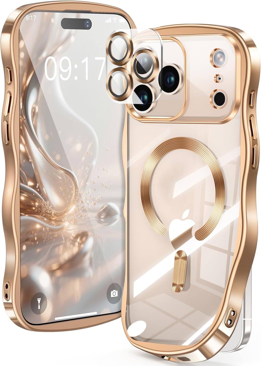 iPhone17 ケース iPhone17Pro ケース MagSafe対応 iPhone17ProMax ケース 透明 クリアケース【 カメラ全面保護 米軍進化耐久・CDリング・かわいいなwaveエッジ】カメラフィルム 強力マグネット 衝撃吸収 TPU+PC メッキ加工 ソフト 黄ばみ防止