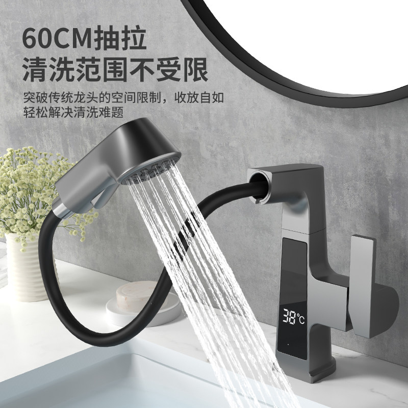 Pull Out Bath Basin Mixer With LED Temperature Display