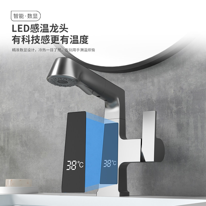 Pull Out Bath Basin Mixer With LED Temperature Display