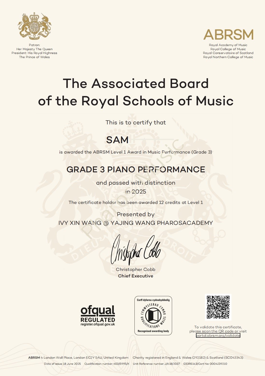2025 Distinction - Congratulations! Sam - ABRSM Grade 3 Piano Distinction