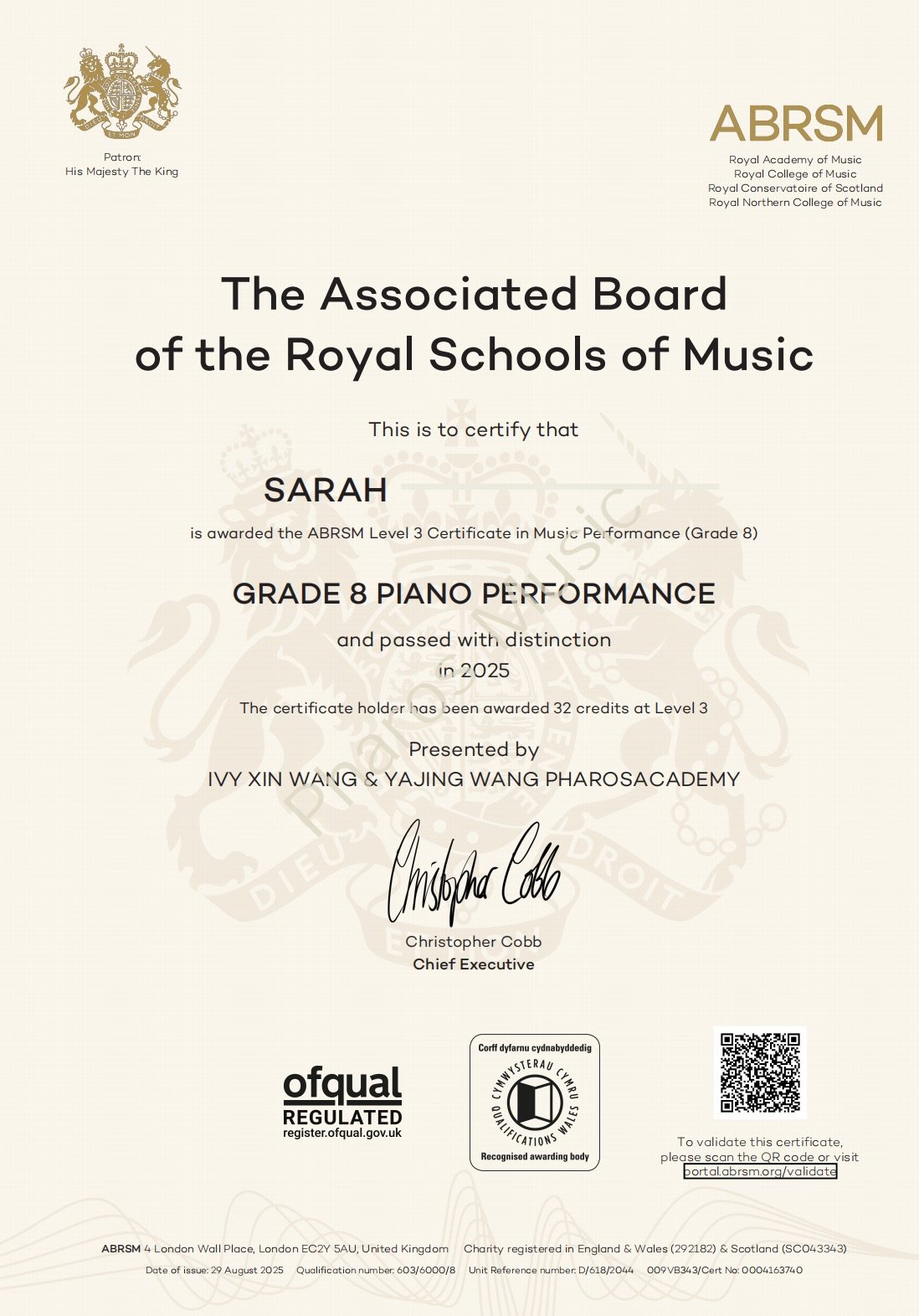2025 Distinction - Congratulations! Sarah, Yue - ABRSM Grade 8 Piano Distinction